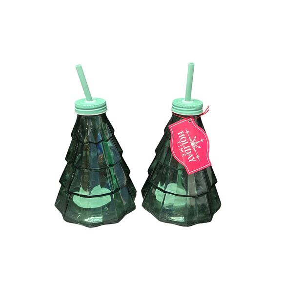 Holiday Time Green Glass Christmas Tree Shaped Sip Straw & Beverage Holder Cup - Picture 1 of 6